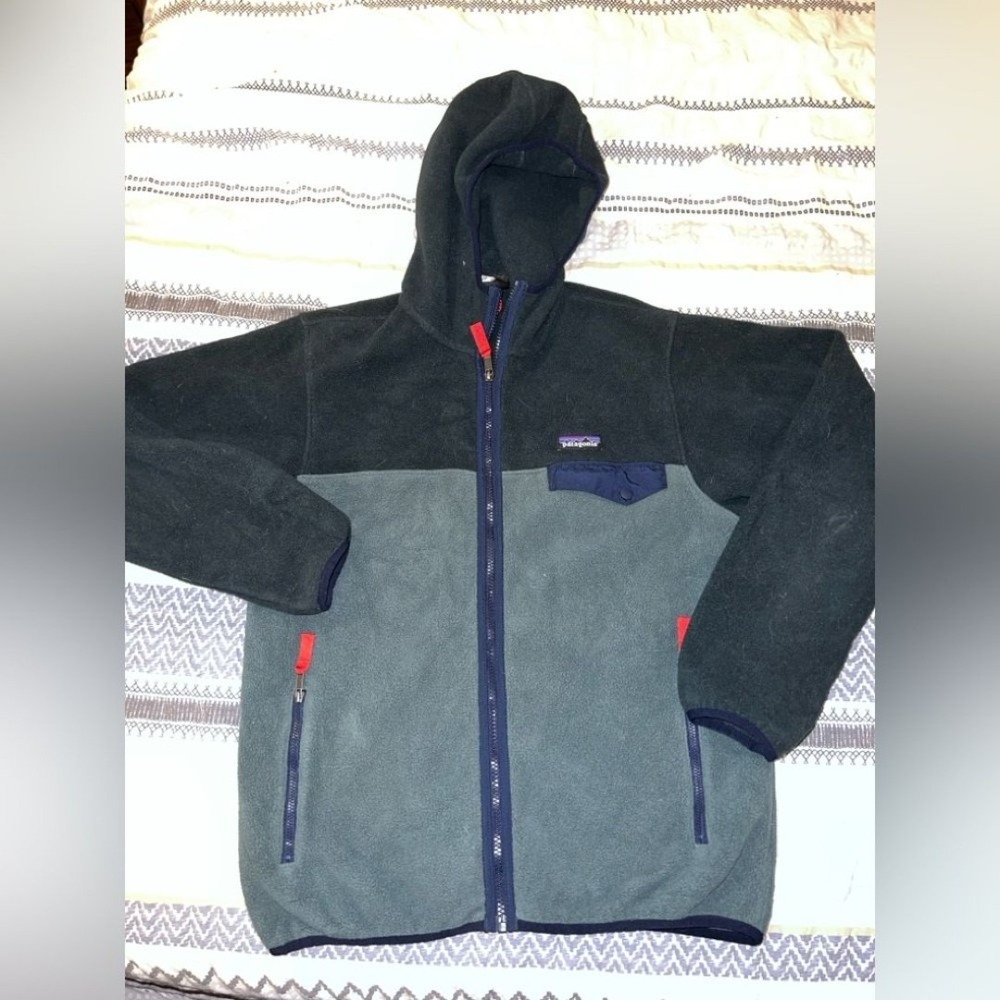 Patagonia Mens Small Synchilla Fleece Full Zip Hooded Jacket Gray Green Orange